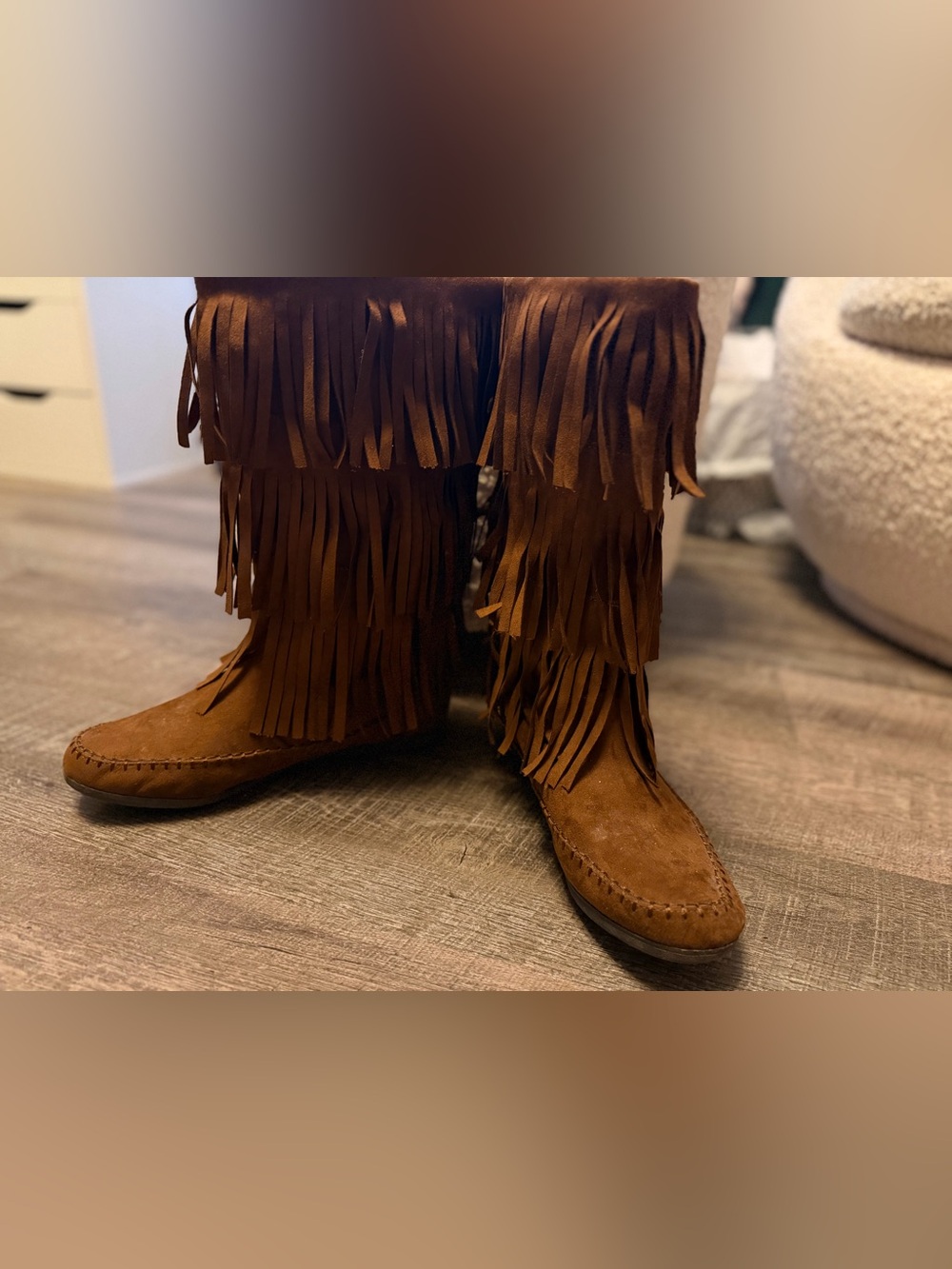 SO Brown Fringe Moccasin Boots Size 10 Knee High Boho Western Like New